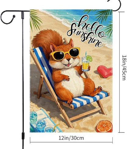 Little Squirrel Garden Flag Summer Garden Flags Beach Wooden Chair Sun Umbrella Enjoy A Holiday Garden Flags 12x18 Inch Double Sided Small Burlap Outside Decorations