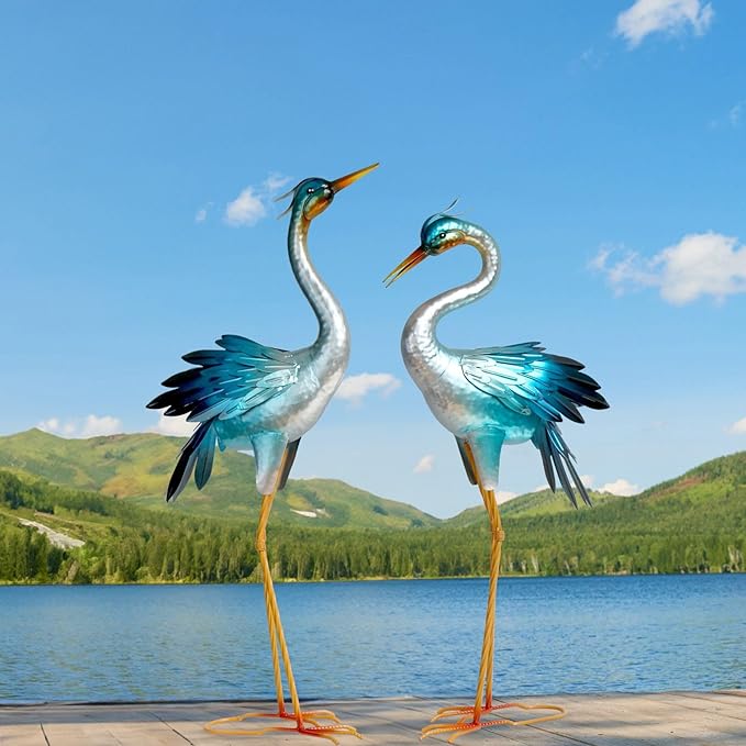 Shorayn Metal Crane Garden Statue, Garden Sculptures & Statues, Crane Ornaments Yard Art for Backyard Patio Lawn Decorations (Blue)