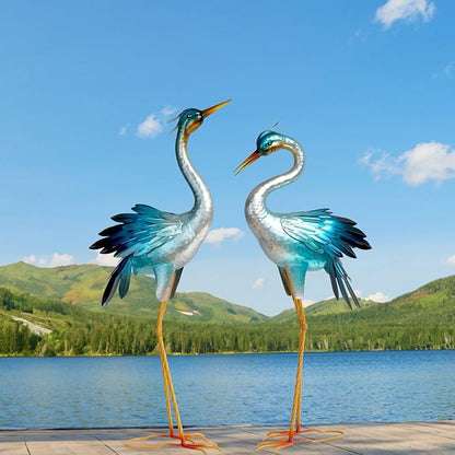 Shorayn Metal Crane Garden Statue, Garden Sculptures & Statues, Crane Ornaments Yard Art for Backyard Patio Lawn Decorations (Blue)