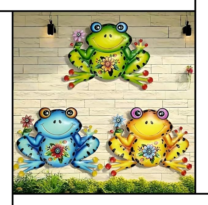 HEAVYSEVEN Metal Frog Wall Art Garden Iron Craft for Indoor/Outdoor Decoration, Suitable for Home Garden Room Decors (Yellow)