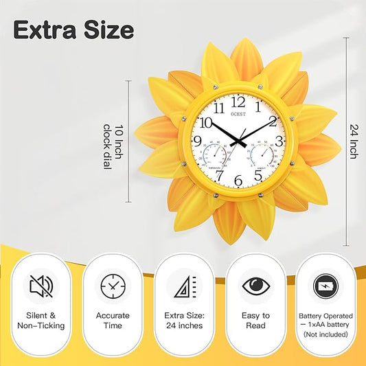 OCEST 24 Inch Indoor Outdoor Clock, Waterproof Large Wall Clock with Thermometer Hygrometer Combo, Silent Non-Ticking Battery Operated Decor for Patio Pool Porch Garden Garage