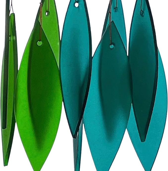 Blue Handworks Gradient Ocean Waterfall & Driftwood Glass Leaves Chime - Sandblasted Glass and Found Wood Handcrafted Wind Chime