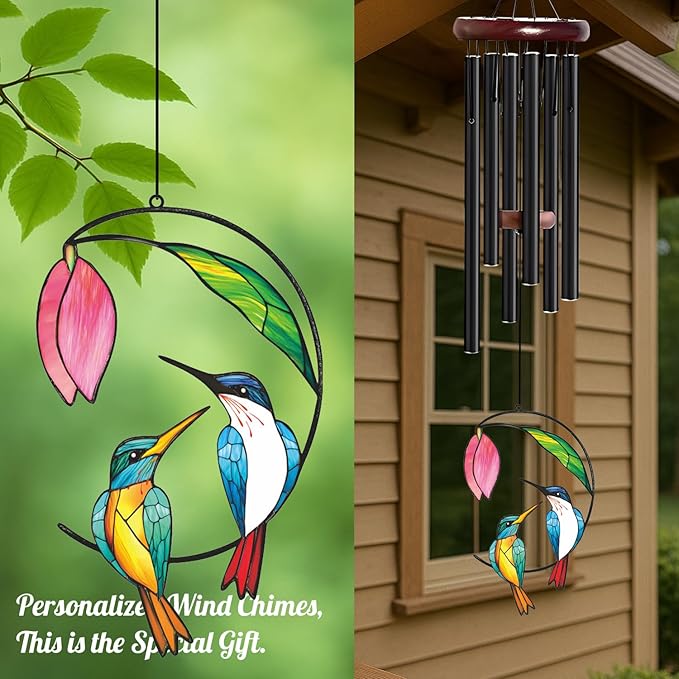 Personalized Metal Wind Chime Garden Sign, 40 Inch Outdoor Colorful Bird & Flower Memorial Decor, Yard Hanging Plaque for Patio Porch Lawn (JSTY363)