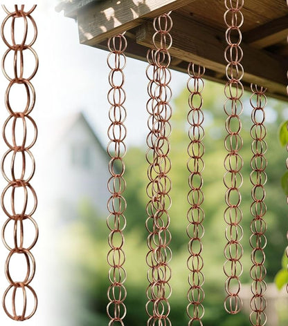 Copper Rain Chain for Gutters Vintage Outdoor Garden Patio Decorations Hanging Chimes Heart Circle Watering Can Metal Rain Chain Rustic Farmhouse Porch Backyard Outside Home Decor