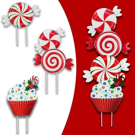 3 Pack Metal Christmas Yard Signs Decor for Multiple Stacked,Voumsil Christmas Yard Stakes with Candy Fall Yard Decor for Outside Garden Yard Lawn Porch