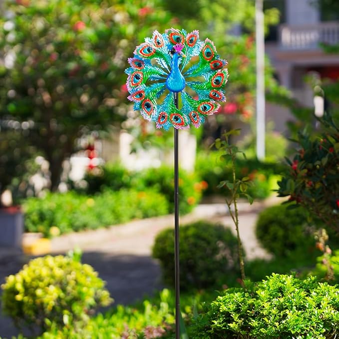 Wind Spinners Outdoor Peacock, 63 Inch Double-Sided Garden Windmill for Yard with 8 Blue Feather Blades, Large Metal Garden Wind Spinner