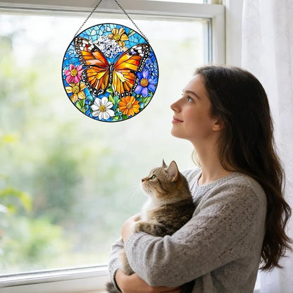 Butterfly Stained Glass Window Hanging Suncatchers, Flower Sun Catchers Indoor Window Glass Wall Art Decor,Birthday Gifts for Women 7.87"