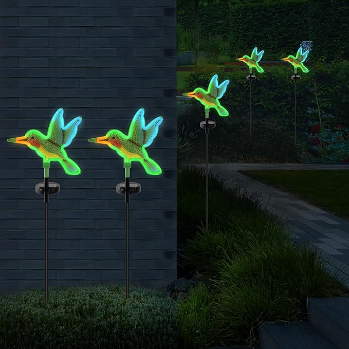 Solar Hummingbird Garden Lights 2 Pack, Colorful Neon Glow LED Solar Stake Lights, Waterproof Outdoor Decorative Landscape Lighting for Yard, Patio, Pathway