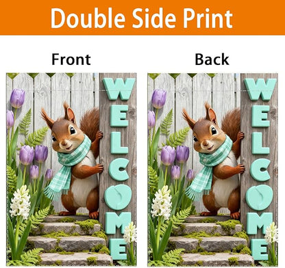 Spring Summer Welcome Flag with 12x18 inch ，Squirrel Design, Decorative Outdoor Double-Sided Banner with Purple Tulips and Mint Letters, Seasonal Home Yard Decor