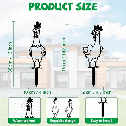 GLOBLELAND 2pcs Cute Cartoon Chicken Mental Garden Stakes Black Silhouette Chickens Decorative Yard Stakes Trees Metal Outdoor Art Decor for Yard Patio Lawn Walkway Ornament