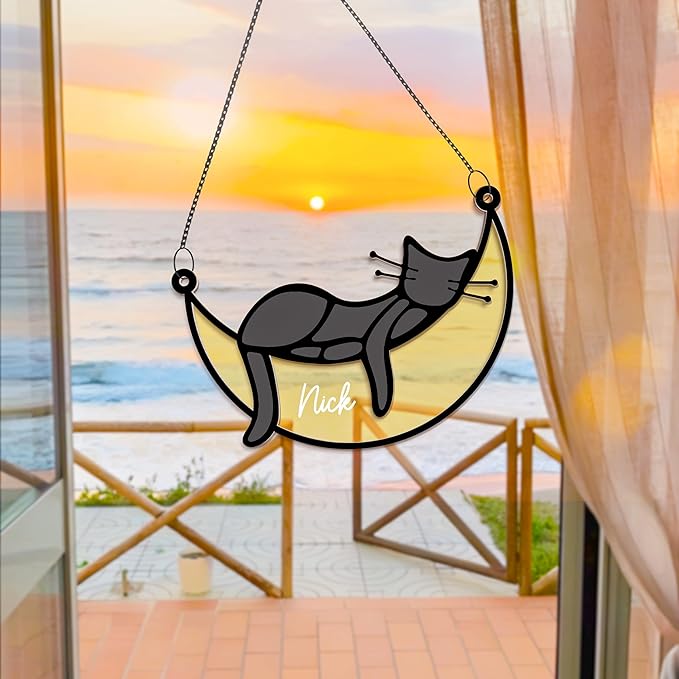 Cat Memorial Suncatcher, Personalized Name Pet Sleeping on Moon Ornament Window Car Hanging, Sympathy Gift for Loss of Pet Passed Away Keepsake, Remembrance Gifts for Cat Lovers