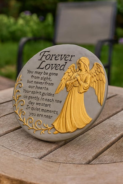 VEOJEIN Memorial Garden Stone, 9.45 Inch Round Stepping Stone with Angel Design, Outdoor Weather-Resistant Remembrance Decor