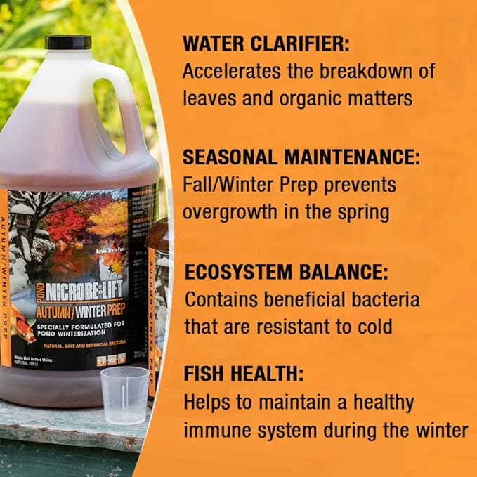 MICROBE-LIFT Autumn and Winter Prep Seasonal Conditioner for Ponds and Outdoor Water Gardens, Safe for Live Koi Fish, Plants, and Décor, 1 Gallon Liquid and 8 2-Ounce Packets
