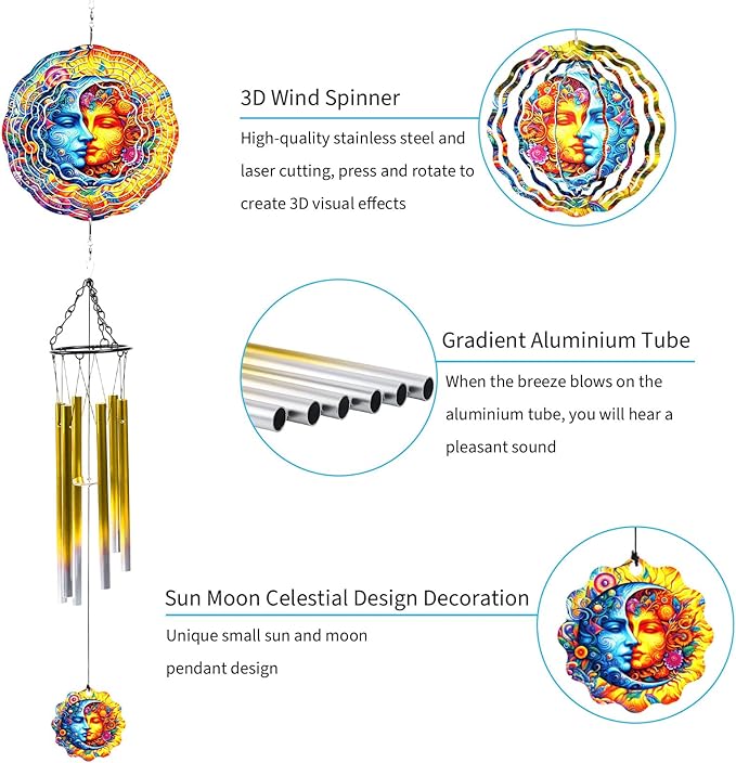 Sun Moon Celestial Wind Spinner Chimes Outdoor Astrology Sun Moon Yard Spinner Stainless Steel Celestial Wind Spinner Chime Outdoor Garden Porch Patio Decor