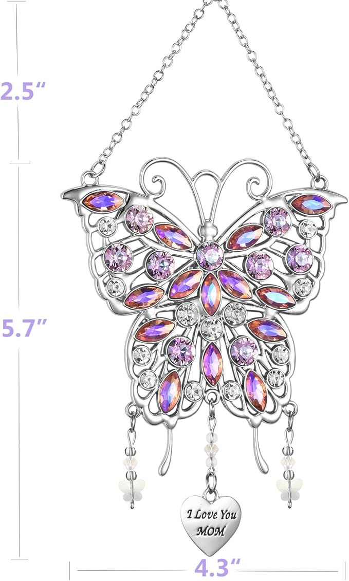 VIVIKEN Mother's Day Rhinestones Butterfly Window Decor Wind Chime Hanging Ornament for Garden House, Glittering Gifts from Son Daughter Mom Mothers Birthday Christmas