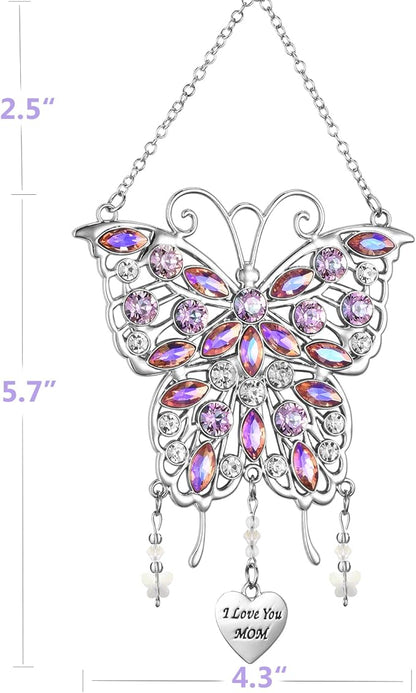 VIVIKEN Mother's Day Rhinestones Butterfly Window Decor Wind Chime Hanging Ornament for Garden House, Glittering Gifts from Son Daughter Mom Mothers Birthday Christmas