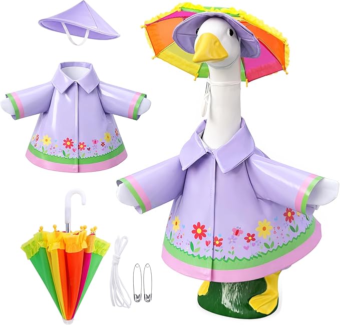 DECOHS 3 Pcs/Set Raincoat Porch Goose Outfits, Summer Lawn Goose Statue Raincoat Costume, Yard Goose Clothes Raincoats Umbrella Hat Outfit for 23" Statue Patio Garden Decoration (Purple)
