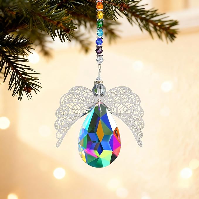 HDCRYSTALGIFTS 14'' Haning Crystal Guardian Angel Suncatcher Glass Angel Ornaments for Christmas Tree Rainbow Maker Prisms Sun Catcher for Window Home Decor (AB Color)