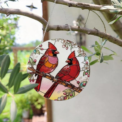 2 Cardinals Acrylic Suncatcher, Red Birds Suncatcher Wall Art, Hand-Painted Sun Catcher Garden Hangings, Decorative Hanging Suncatchers for Window Door Decoration, Memorial Gift