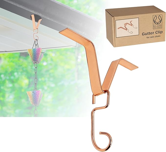 U-nitt Gutter Clip for Rain Chain Installation DIY | Gutter Adapter for Roof Downspout Chain | Water Collection | Copper Plated 2 PK, Heavy Metal, 6 X 5 inches, Adjustable, Fits 2 in Gutter Hole