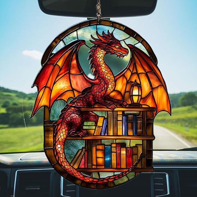 Books and Dragon Acrylic Suncatcher Stained Glass Effect Window Car Hanging Christmas Ornament Indoor Outdoor Decor Garden Sun Catcher Panel for Book Lover for Women Mom Grandma