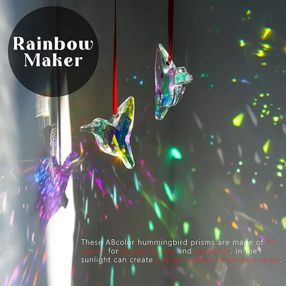 H&D HYALINE & DORA Set of 2,3" Crystal Sun Catcher Prisms, AB Colored Hummingbird Hanging Suncatchers, Glass Hummingbird Prisms for Windows, Garden Decor