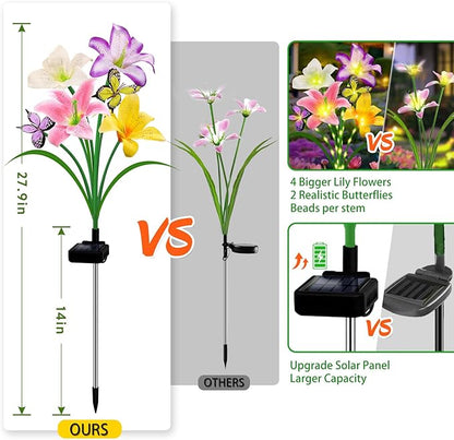 Solar Garden Lights 4 Pack 16 Lily Flowers with Butterfly Decor, for Mom Woman Birthday Solar Flower Lights for Outside - Decorative Lilies for Yard, Patio, Pathway