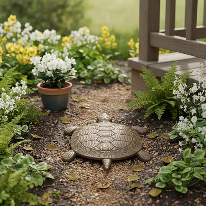 Comfy Hour 13-Inch Cast Iron Antique Brown Sea Turtle Stepping Stone, Coastal Figurine Style Home Decor, Heavy Duty Metal Garden Paver