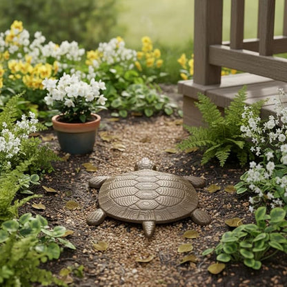 Comfy Hour 13-Inch Cast Iron Antique Brown Sea Turtle Stepping Stone, Coastal Figurine Style Home Decor, Heavy Duty Metal Garden Paver