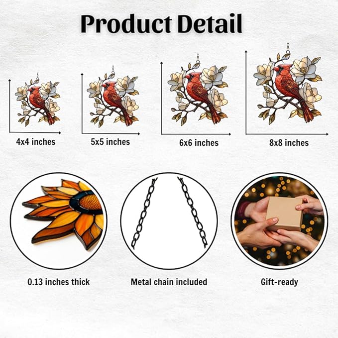 Vivid Cardinal Floral Tiffany Art Acrylic Suncatcher Stained Glass Effect Window Car Hanging Christmas Ornament Indoor Outdoor Decor Garden Sun Catcher Panel for Cardinal Lover for Women Mom Grandma