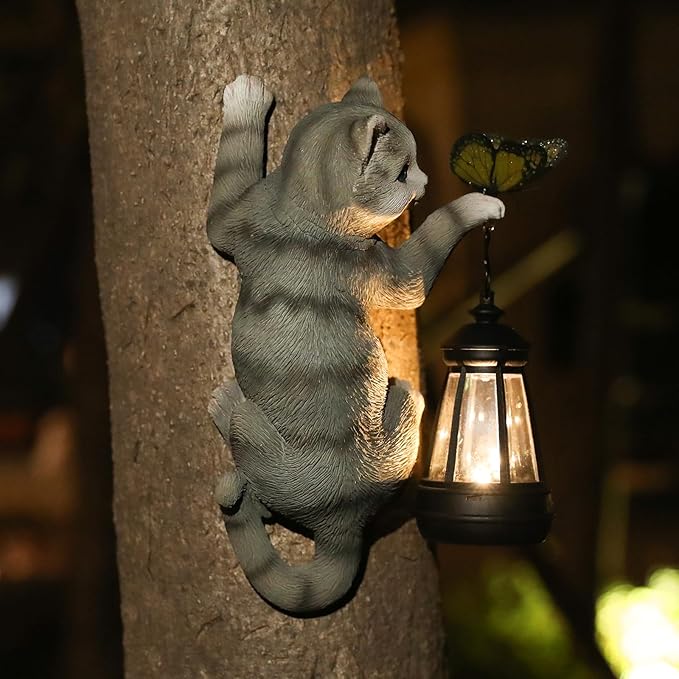 Cat Solar Garden Decor Outdoor Statue for Garden,Tree Faces Decor Outdoor,Cat Birthday Gifts for Women Mom