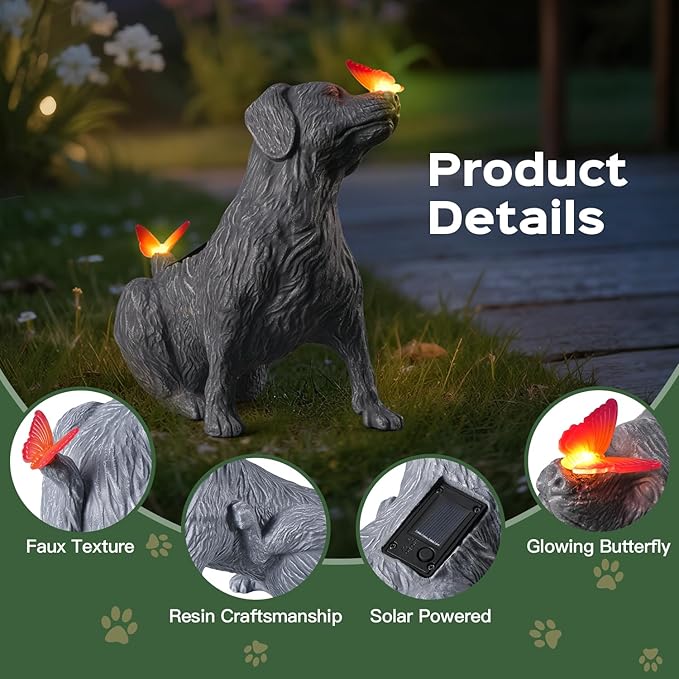 DyBaxa Garden Décor, Garden Statues, Gifts for Women, Mom, Grandma, Patio, Balcony, Yard Decorations Outdoor - Unique Solar Decor Birthday & Housewarming Gifts, Dog Statue with Butterfly Light