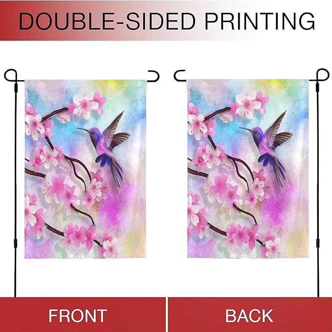 Spring Hummingbird Garden Flags 12x18 Double Sided, Small Cherry Blossoms Yard Flag for Farmhouse Front Porch Lawn Outdoor Holiday Decor