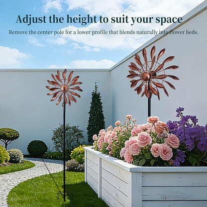 Wind Spinners Outdoor Metal, 360° Kinetic Wind Spinner with Stake, Metal Garden Yard Patio Lawn Windmill Decor (12.6" Dia, 56.7" H, Copper Petal)