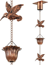 Rain Chains for Gutters Outside 8.5FT Copper Rain Catcher Chain with Adapter Decorative Replacement for Downspout with 6 Hummingbirds and 6 Flower Cups