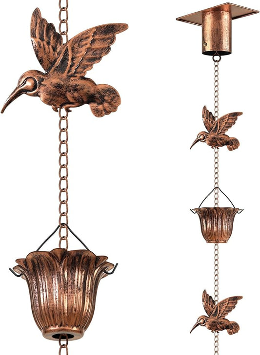 Rain Chains for Gutters Outside 8.5FT Copper Rain Catcher Chain with Adapter Decorative Replacement for Downspout with 6 Hummingbirds and 6 Flower Cups