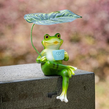 OwMell Frog Statue for Garden, Green Frog Figurine for Outdoor Decor Yard and Garden Decoration Resin Sculpture 6 Inches - Coffee & Leaf