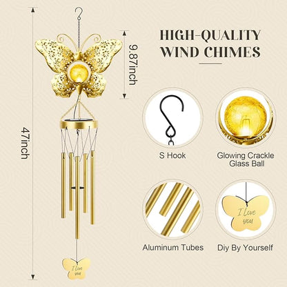 JYPS Butterfly Solar Wind Chimes, 40-Inch Large Waterproof Windchime for Outside with Glowing Crackle Glass Ball, Garden Patio Yard Decor Christmas Day Birthday Unique Gifts for Women Mom Grandma Wife