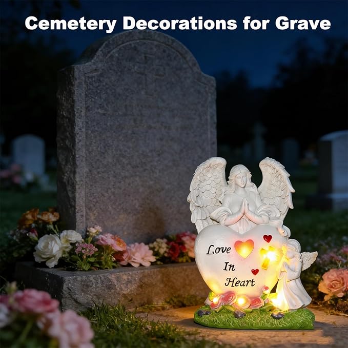 VEEKI Solar Angel Garden Statue Outdoor, Praying Angel Statues Solar Figurine Lights Outdoor Waterproof, Resin Angel Sculpture for Garden Yard Lawn Grave Cemetery Decor, Gift for Mom Grandma Women