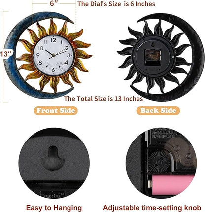 shumi Sun and Moon Outdoor Clock, Decorative Wall Clock for Patio Living Room,Silent Non-Ticking Outdoor Clock Thermometer Combo