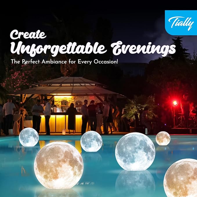 TIALLY Full Moon Floating Pool Lights Solar Powered - 14" Inflatable PVC Light Up Pool Balls for Swimming Pool, Solar Pool Lights that Float, Pool Owners (2 Pack)