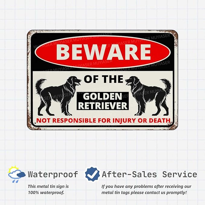 Beware Of The Dog Golden Retriever Sign Aluminum Metal Tin Signs Outdoor Yard Sign Warning Sign For Fence Yard Home Kitchen Farm Garden Wall Decor 8x12 Inch