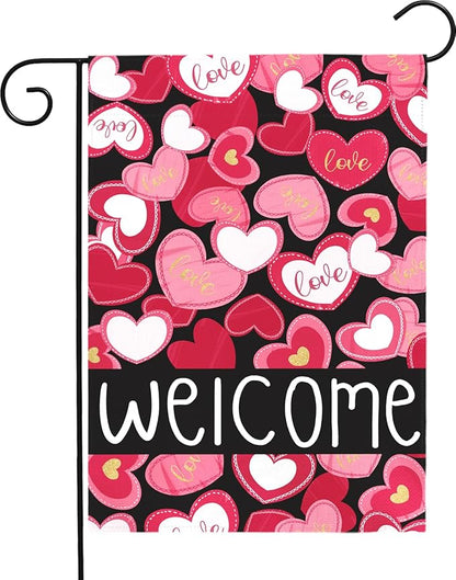 Valentines Day Garden Flag Welcome Love Heart Decorations Outdoor Yard Flags Romantic Red Pink Hearts Anniversary Holiday House Banners Seasonal Decor for Porch Patio Lawn Party 12×18 Inch