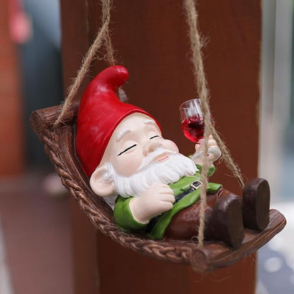 Funny Gnome Garden Hanging Decor, Cute Wine Drinking Gnome on Hammock Figurine for Outdoor Patio, Fence, Balcony, Porch & Garden Gift
