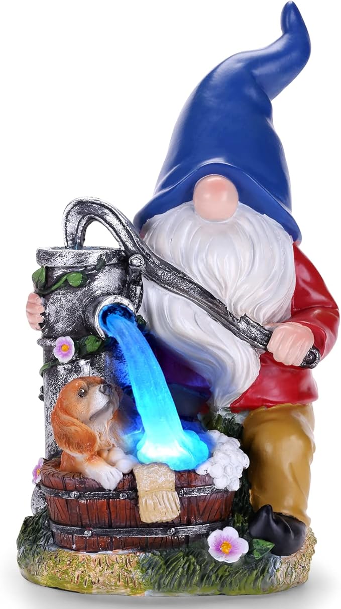 Panven Garden Gnome Statue, Gnome Decoration for Yard with Blue Solar Light, Patio Porch Yard Garden Decor for Outside, Lawn Ornament