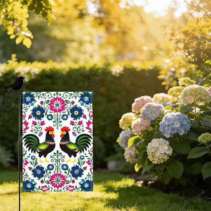 Mugod Rooster Garden Flag 12.5X18 Vertical Double Sided, Polish Floral Folk Art Colorful Flowers Leaves Yard Flag Burlap Banners for Seasonal Farmhouse Outside Decor