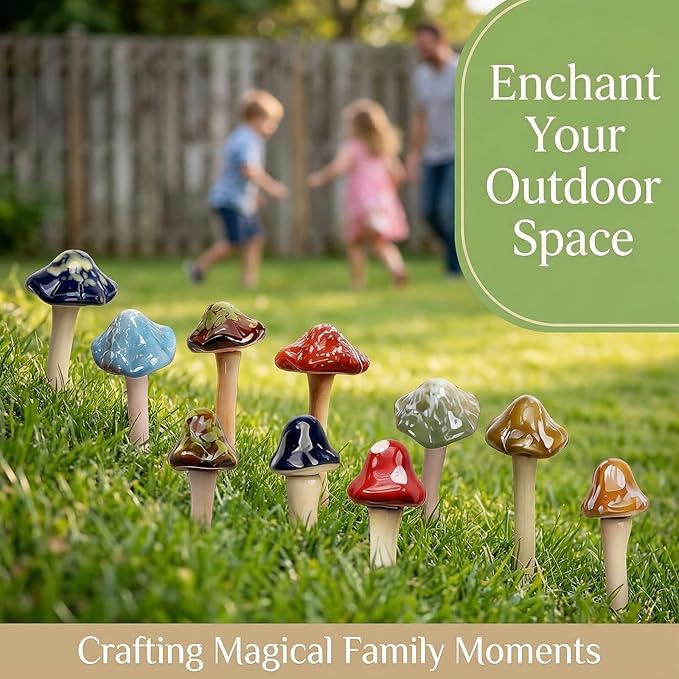 10 Pack Ceramic Garden Mushrooms, Garden Decor,Lawn Ornament Decor Mushrooms for Fairy Garden, Patio, Indoor Plant Pots, 4.7" Tall Pottery Mushroom Statues