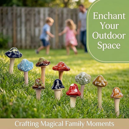 10 Pack Ceramic Garden Mushrooms, Garden Decor,Lawn Ornament Decor Mushrooms for Fairy Garden, Patio, Indoor Plant Pots, 4.7" Tall Pottery Mushroom Statues