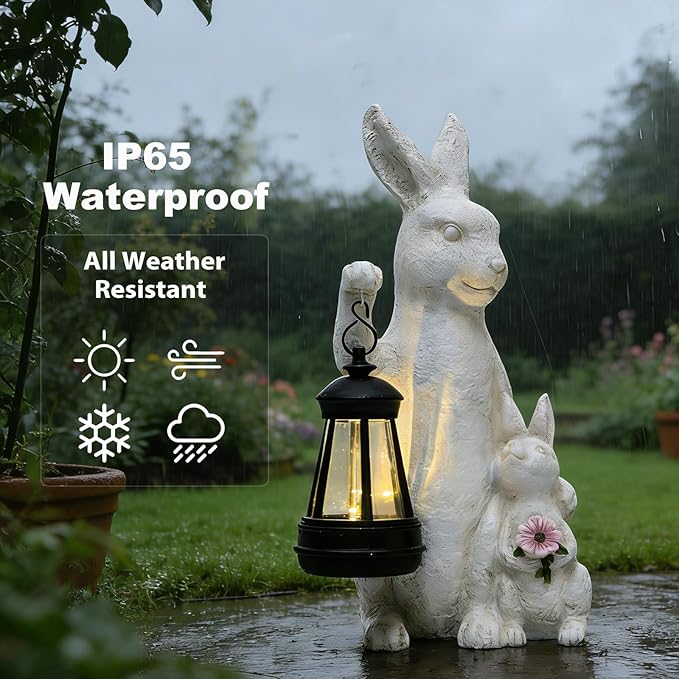 Solar Outdoor Statues Bunny Decor, Garden Sculptures with LED Lights Rabbit Figurines Decorations for Patio Yard Lawn Ornaments Balcony Gifts for Mother's Day Easter