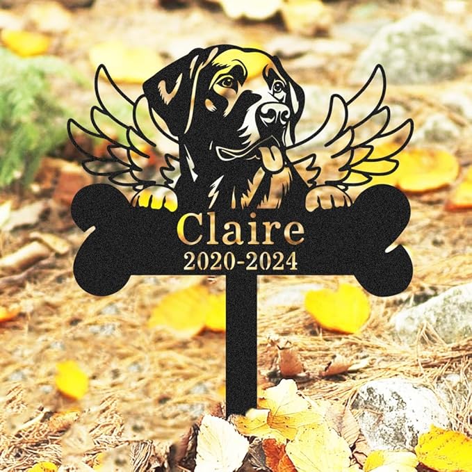 Personalized Labrador Retriever Dog Memorial Garden Stake, Custom Dog Wings Memorial Grave Marker with Name Date, Outdoor Pet Memorial Sign for Labrador Retriever Statue Metal Engraved Sign